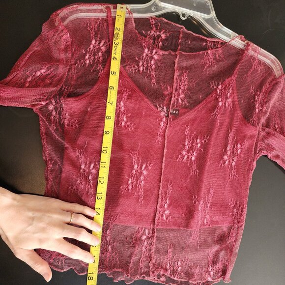 MIOU MUSE Y2K 90's Red Sheer Lace Long Sleeve Top Spaghetti Strap Camisole Small - Picture 5 of 12